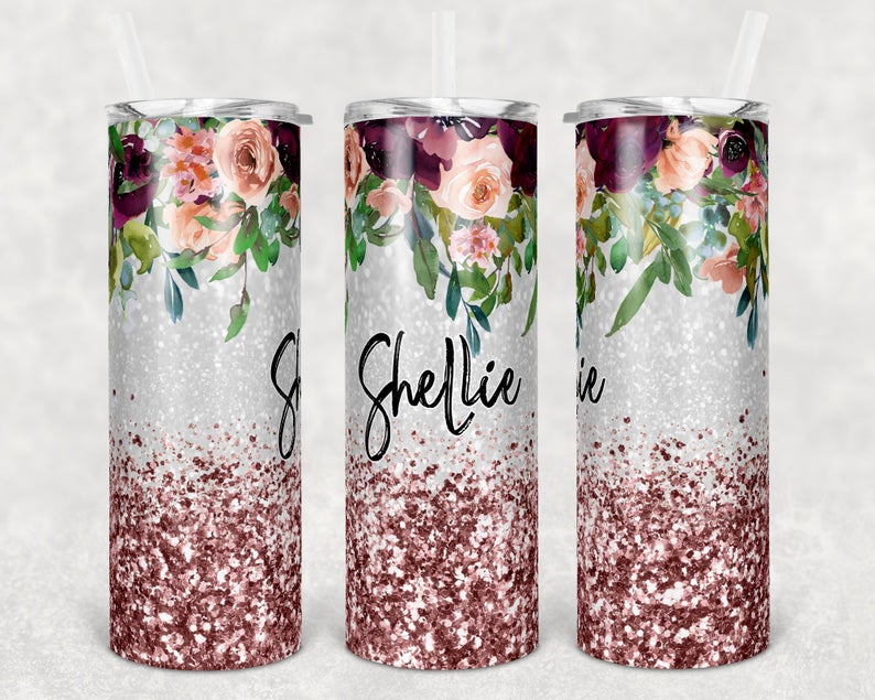 FREE SHIPPING - Floral tumbler, Personalized, Glitter tumbler, Sublim