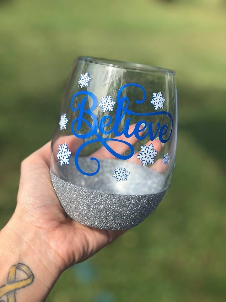 Christmas glass, Silver and blue glass, Snowflakes, Believe